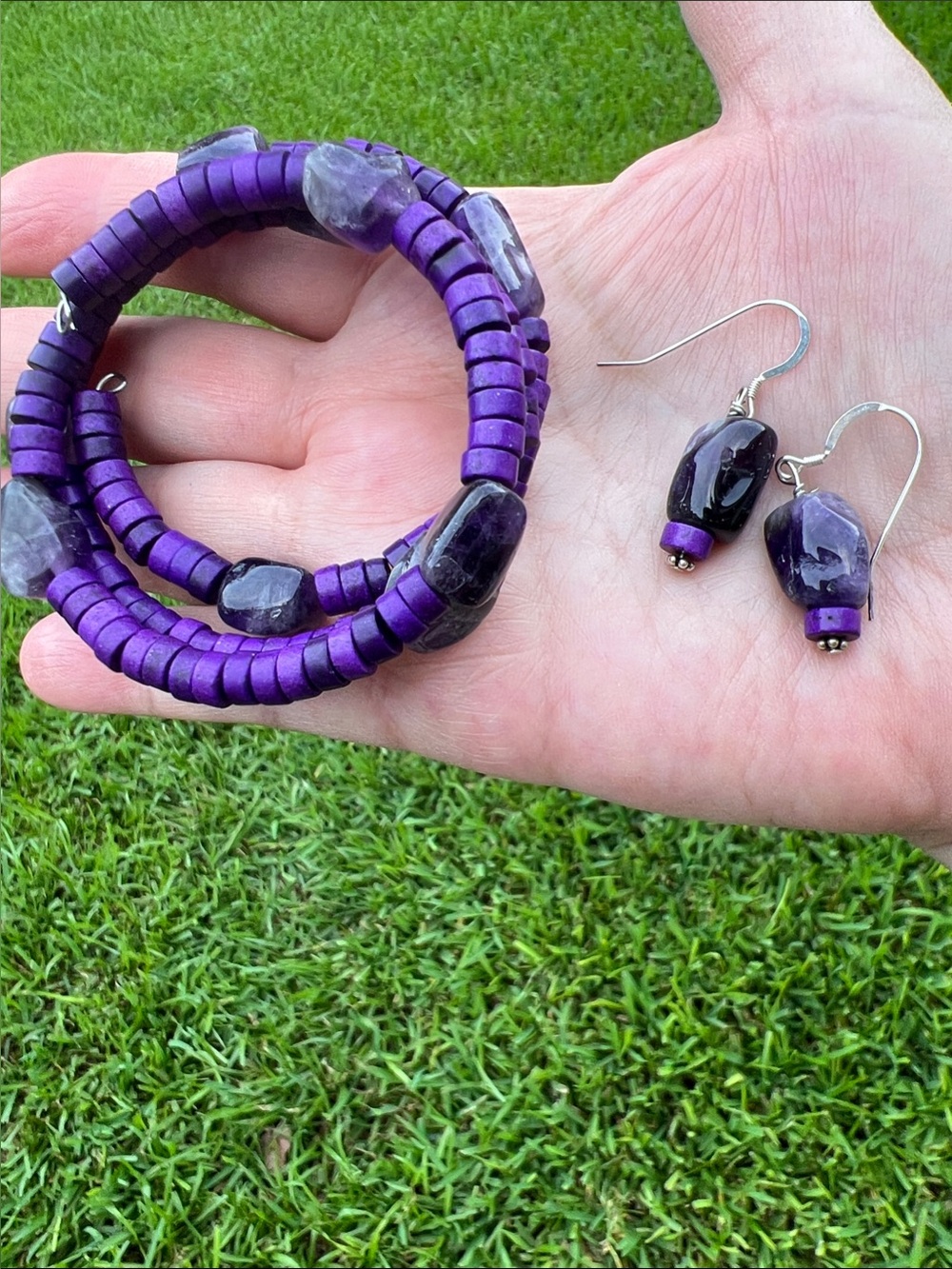 Handcrafted Purple stone and amethyst memory wire wrap Bracelet & Earring Set.